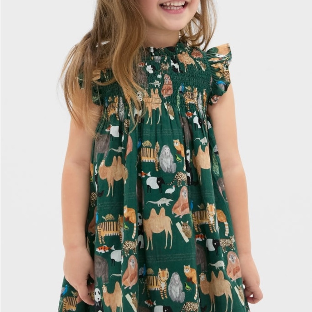 Girls Green Jungle Animal Smocked Dress